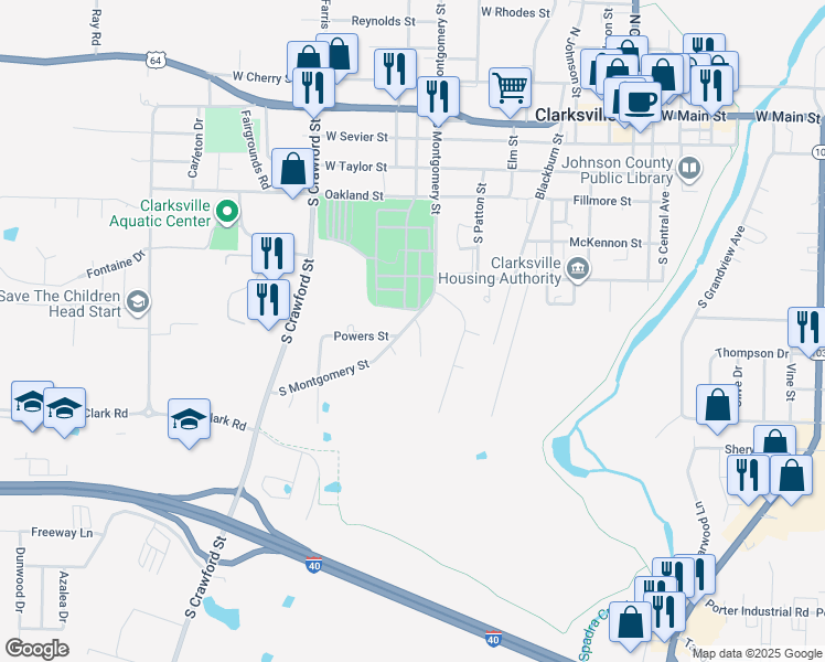 map of restaurants, bars, coffee shops, grocery stores, and more near 101 Vaughn Street in Clarksville