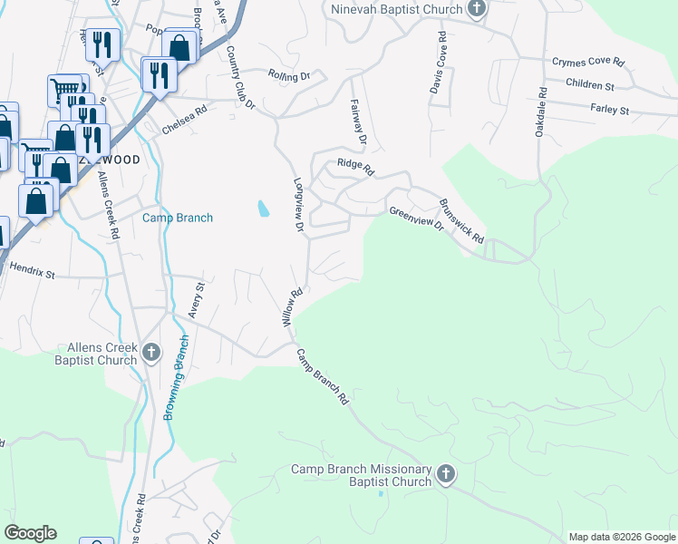 map of restaurants, bars, coffee shops, grocery stores, and more near 87 Willow Road in Waynesville