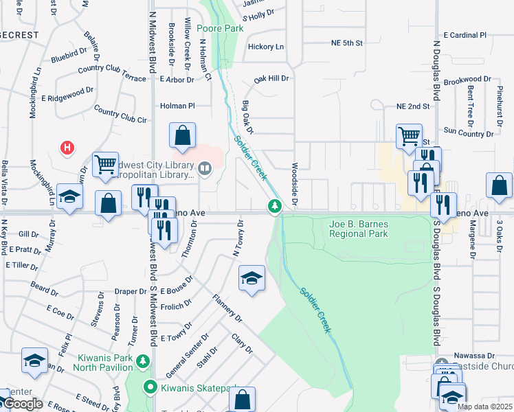 map of restaurants, bars, coffee shops, grocery stores, and more near 8405 East Reno Avenue in Midwest City