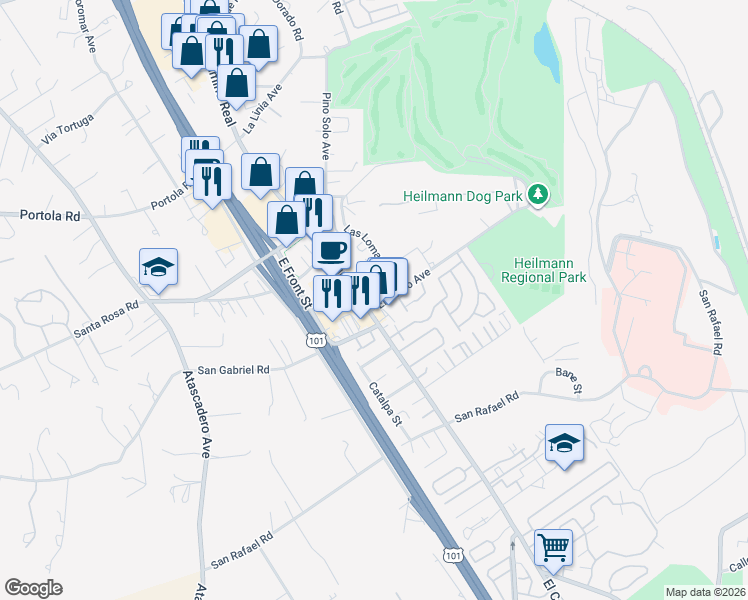 map of restaurants, bars, coffee shops, grocery stores, and more near 9905 El Camino Real in Atascadero