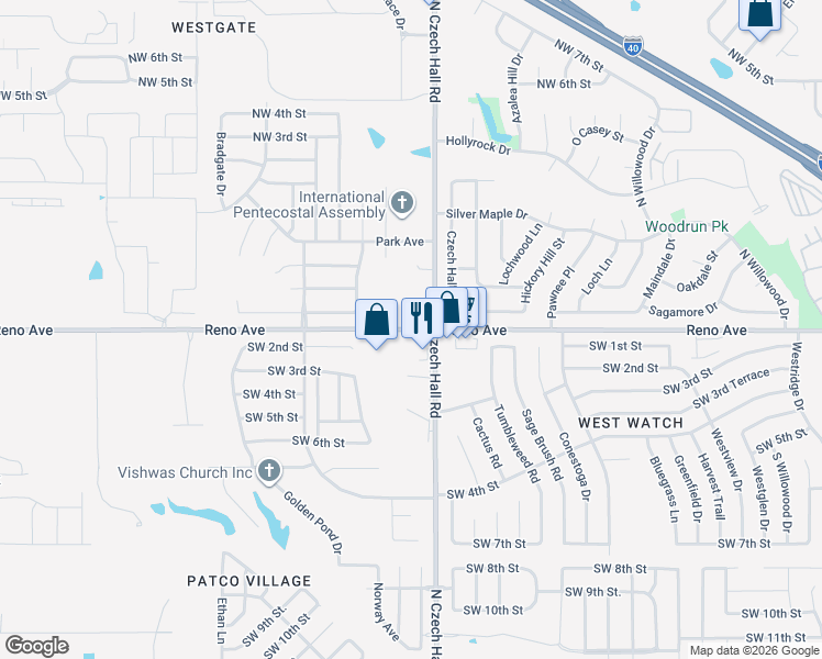 map of restaurants, bars, coffee shops, grocery stores, and more near 12241 West Reno Avenue in Yukon