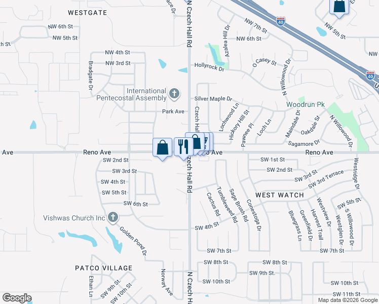 map of restaurants, bars, coffee shops, grocery stores, and more near North Czech Hall Road in Oklahoma City