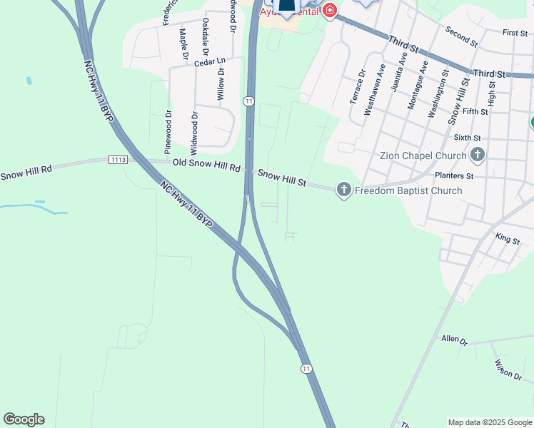 map of restaurants, bars, coffee shops, grocery stores, and more near 128 Snow Hill Street in Ayden