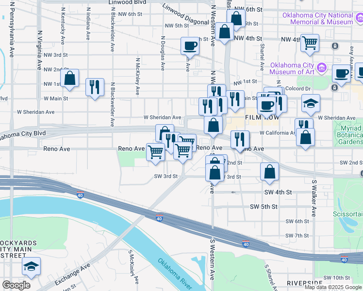map of restaurants, bars, coffee shops, grocery stores, and more near 1201 West Reno Avenue in Oklahoma City
