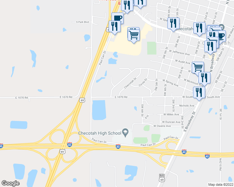 map of restaurants, bars, coffee shops, grocery stores, and more near 510 Checotah Drive in Checotah