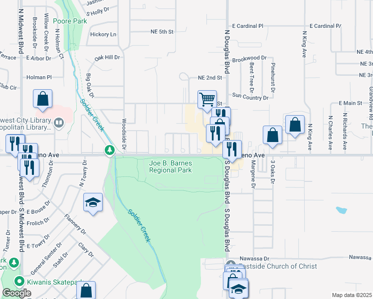 map of restaurants, bars, coffee shops, grocery stores, and more near 109 Kendra Drive in Midwest City