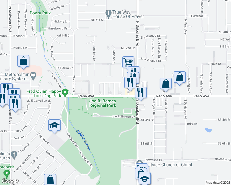 map of restaurants, bars, coffee shops, grocery stores, and more near 108 Kendra Drive in Midwest City