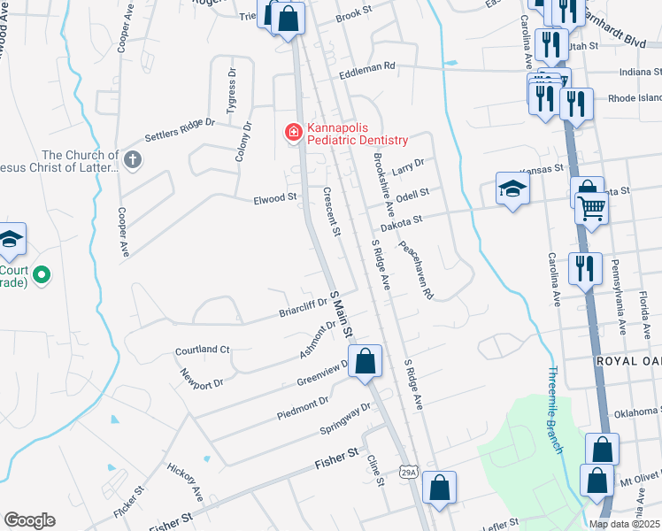 map of restaurants, bars, coffee shops, grocery stores, and more near 2007 South Main Street in Kannapolis