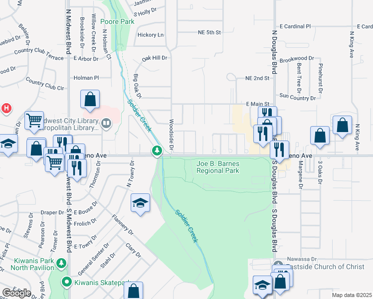 map of restaurants, bars, coffee shops, grocery stores, and more near 8603 East Reno Avenue in Midwest City
