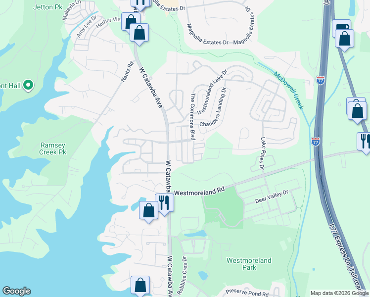 map of restaurants, bars, coffee shops, grocery stores, and more near 8266 Viewpoint Lane in Cornelius