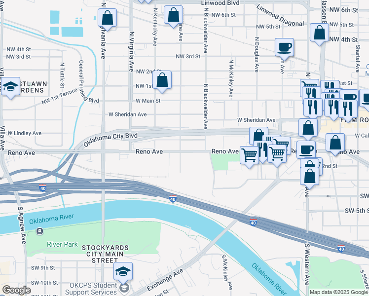 map of restaurants, bars, coffee shops, grocery stores, and more near 1535 West Reno Avenue in Oklahoma City