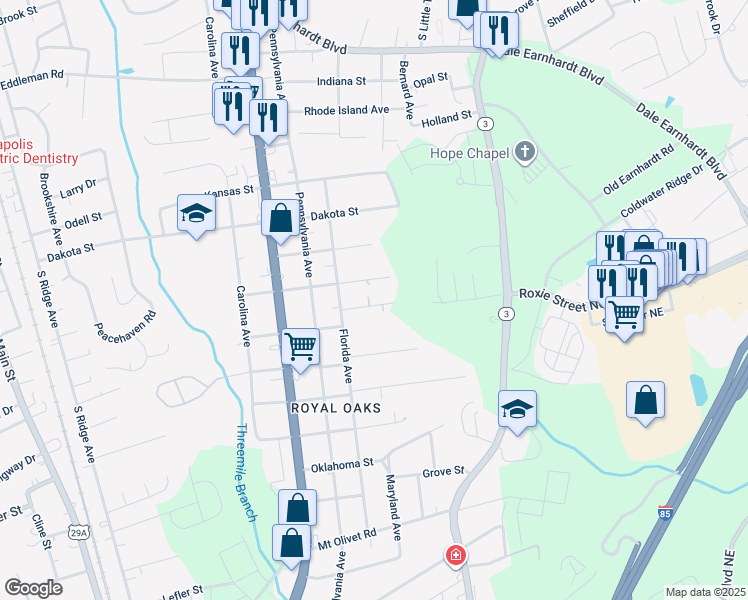 map of restaurants, bars, coffee shops, grocery stores, and more near 1005 Alabama Street in Kannapolis
