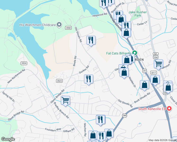 map of restaurants, bars, coffee shops, grocery stores, and more near 23 Ducker Road in Arden