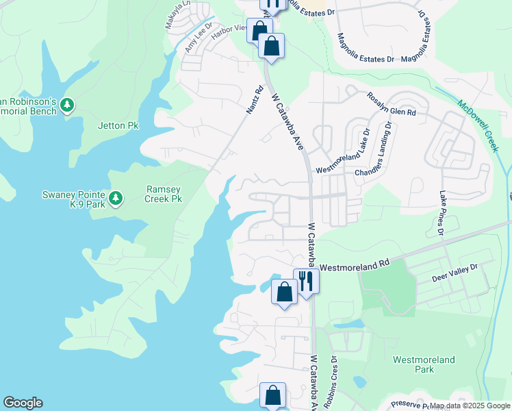 map of restaurants, bars, coffee shops, grocery stores, and more near 18531 Harborside Drive in Cornelius
