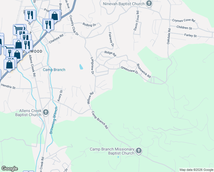 map of restaurants, bars, coffee shops, grocery stores, and more near 87 Willow Road in Waynesville