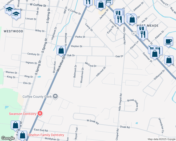 map of restaurants, bars, coffee shops, grocery stores, and more near 1202 Meadowlark Place in Manchester