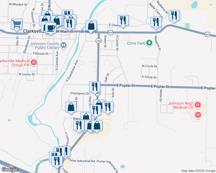 map of restaurants, bars, coffee shops, grocery stores, and more near 402 East Poplar Street in Clarksville