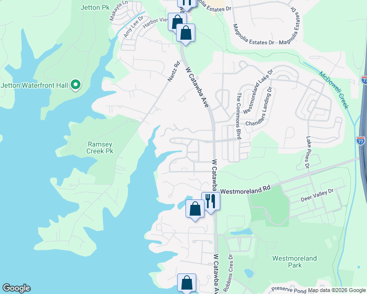 map of restaurants, bars, coffee shops, grocery stores, and more near 18531 Harborside Drive in Cornelius
