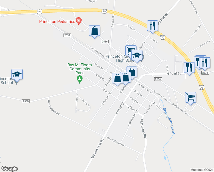 map of restaurants, bars, coffee shops, grocery stores, and more near 305 South Elm Street in Princeton