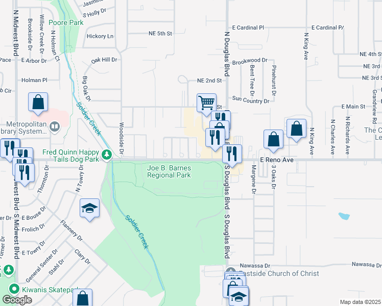 map of restaurants, bars, coffee shops, grocery stores, and more near 110 Kendra Drive in Oklahoma City