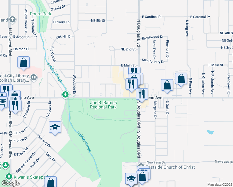 map of restaurants, bars, coffee shops, grocery stores, and more near 110 Kendra Drive in Midwest City