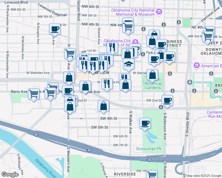 map of restaurants, bars, coffee shops, grocery stores, and more near 629 West Reno Avenue in Oklahoma City