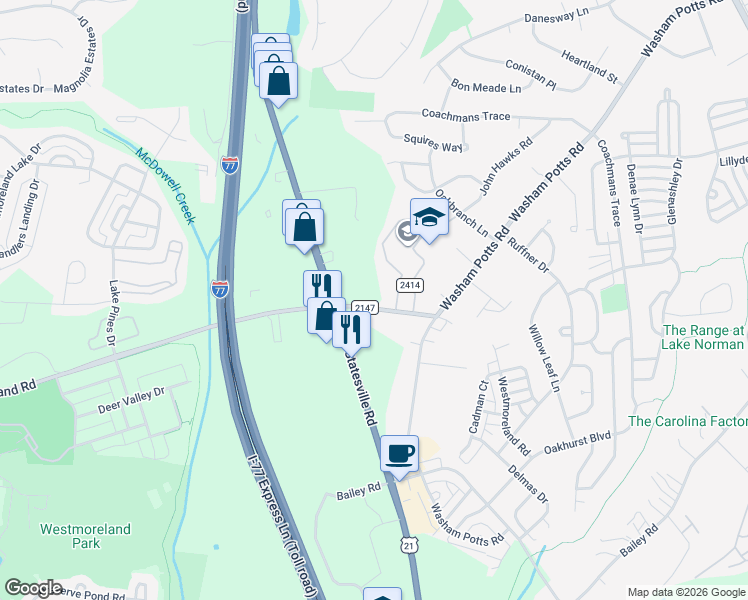 map of restaurants, bars, coffee shops, grocery stores, and more near 9509 Westmoreland Road in Cornelius