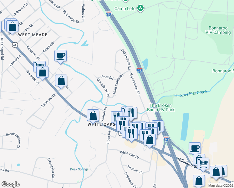 map of restaurants, bars, coffee shops, grocery stores, and more near 74 Hunt Creek Road in Manchester
