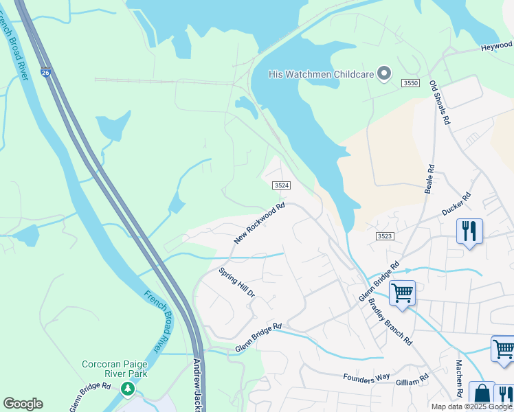 map of restaurants, bars, coffee shops, grocery stores, and more near 96 New Rockwood Road in Arden