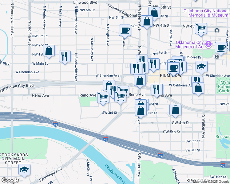 map of restaurants, bars, coffee shops, grocery stores, and more near 1201 West Reno Avenue in Oklahoma City