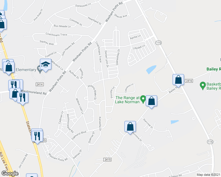 map of restaurants, bars, coffee shops, grocery stores, and more near 19417 Pocono Lane in Cornelius