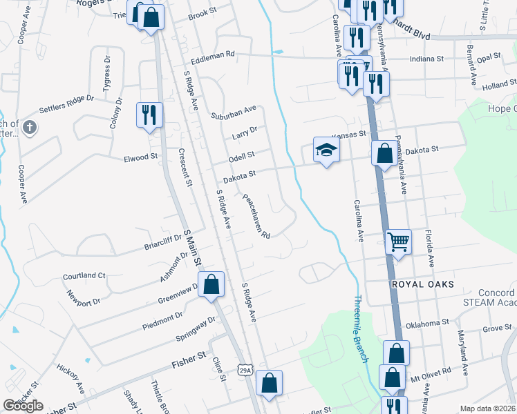 map of restaurants, bars, coffee shops, grocery stores, and more near 630 Peacehaven Road in Kannapolis