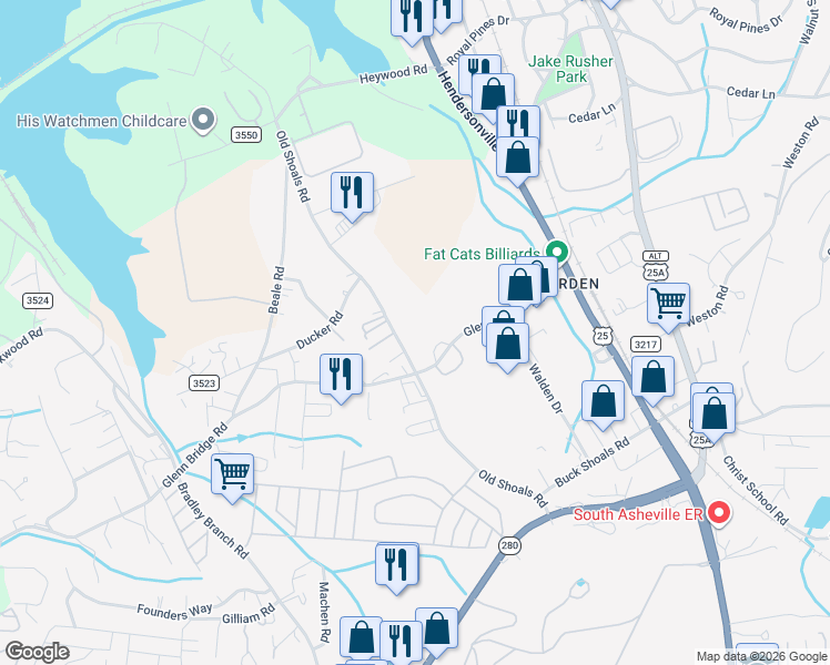 map of restaurants, bars, coffee shops, grocery stores, and more near 94 Glenn Bridge Road in Arden