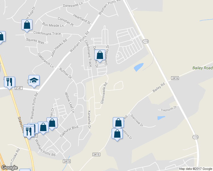 map of restaurants, bars, coffee shops, grocery stores, and more near 10450 Glenmeade Road in Cornelius