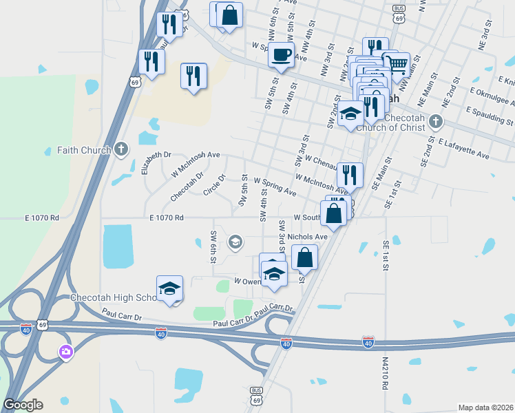 map of restaurants, bars, coffee shops, grocery stores, and more near 719 Southwest 4th Street in Checotah