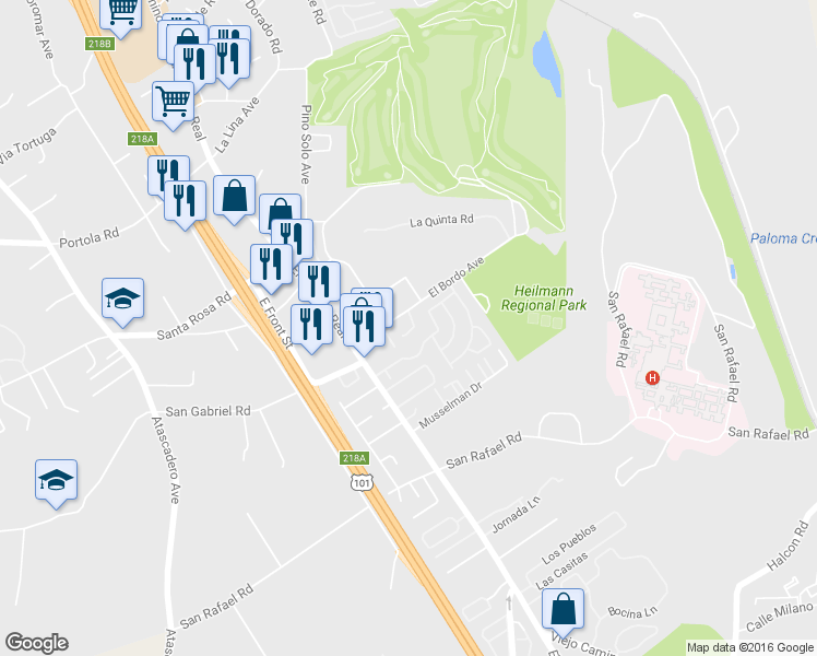 map of restaurants, bars, coffee shops, grocery stores, and more near 9300 El Bordo Avenue in Atascadero
