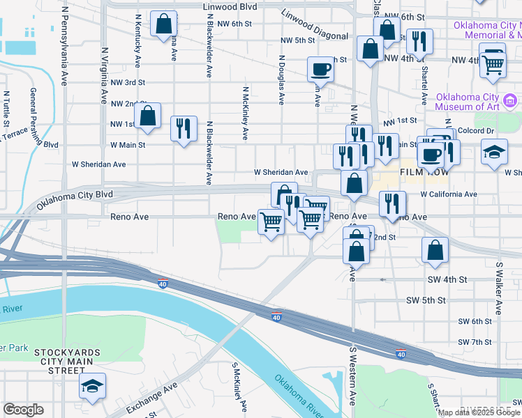 map of restaurants, bars, coffee shops, grocery stores, and more near 1313 West Reno Avenue in Oklahoma City