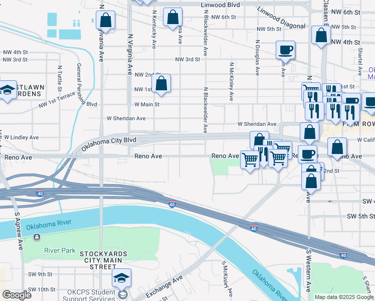 map of restaurants, bars, coffee shops, grocery stores, and more near 1535 West Reno Avenue in Oklahoma City