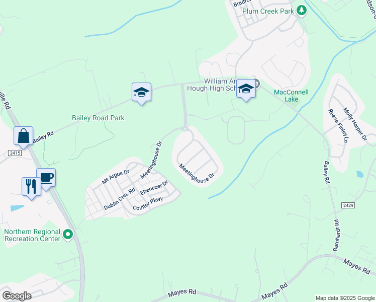 map of restaurants, bars, coffee shops, grocery stores, and more near 12323 Meetinghouse Drive in Cornelius