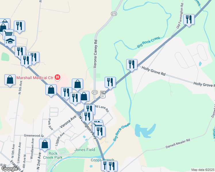 map of restaurants, bars, coffee shops, grocery stores, and more near 1224 Nashville Highway in Lewisburg