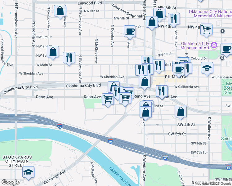 map of restaurants, bars, coffee shops, grocery stores, and more near 1225 West Reno Avenue in Oklahoma City
