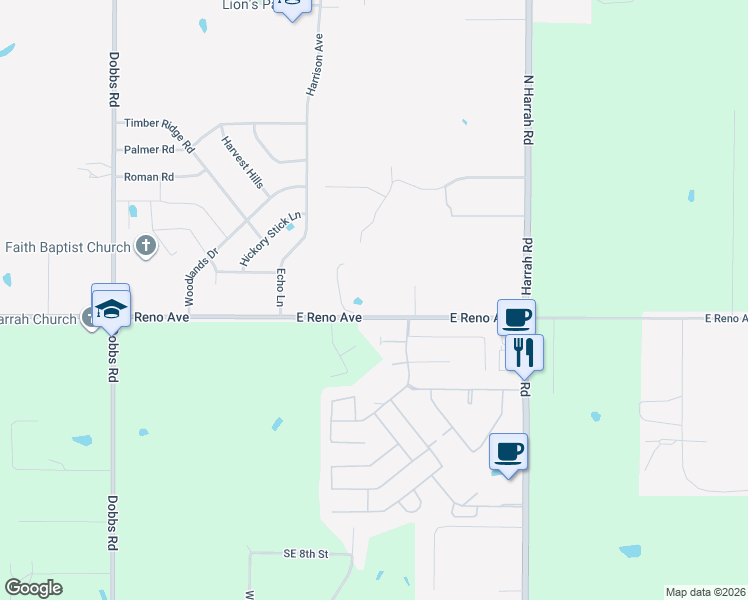 map of restaurants, bars, coffee shops, grocery stores, and more near 20617 East Reno Avenue in Harrah