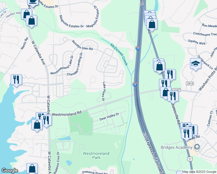 map of restaurants, bars, coffee shops, grocery stores, and more near 9021 Chagrin Drive in Cornelius