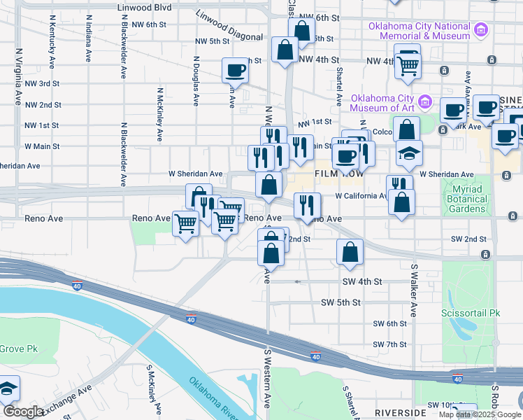 map of restaurants, bars, coffee shops, grocery stores, and more near in Oklahoma City