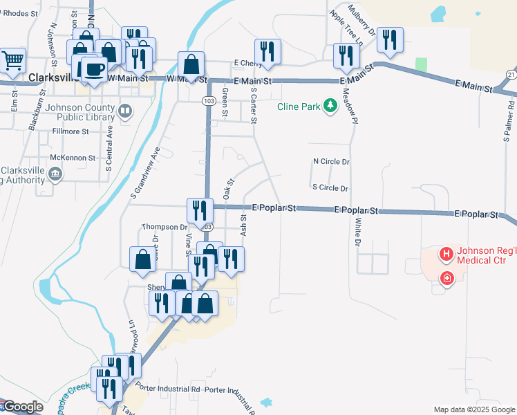 map of restaurants, bars, coffee shops, grocery stores, and more near 542 East Poplar Street in Clarksville