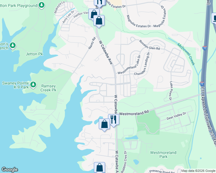 map of restaurants, bars, coffee shops, grocery stores, and more near 19523 Crosstrees Lane in Cornelius