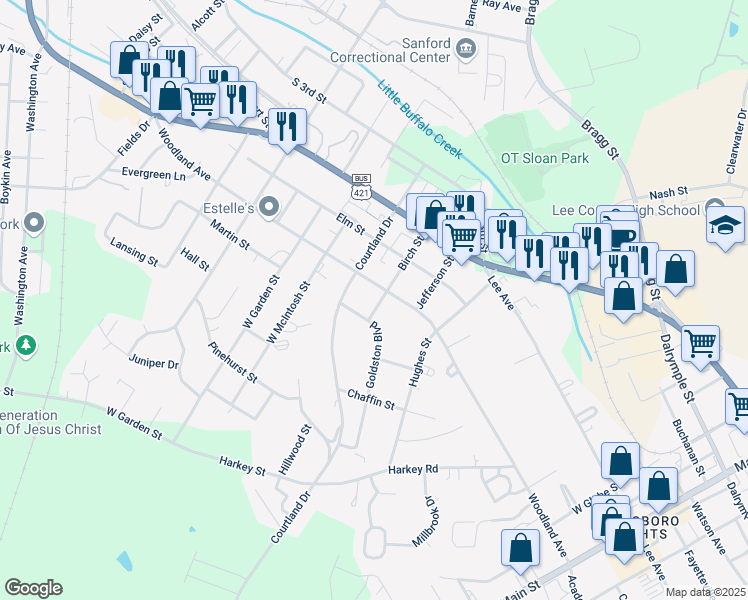 map of restaurants, bars, coffee shops, grocery stores, and more near 414 Birch Street in Sanford