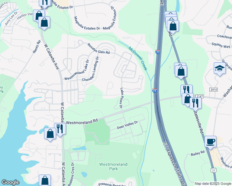 map of restaurants, bars, coffee shops, grocery stores, and more near Chagrin Drive in Cornelius