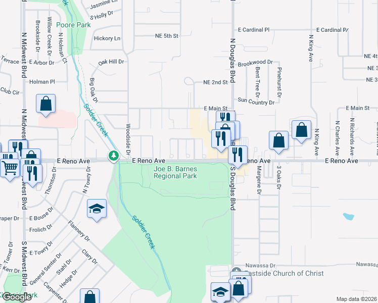 map of restaurants, bars, coffee shops, grocery stores, and more near 110 Kendra Drive in Midwest City