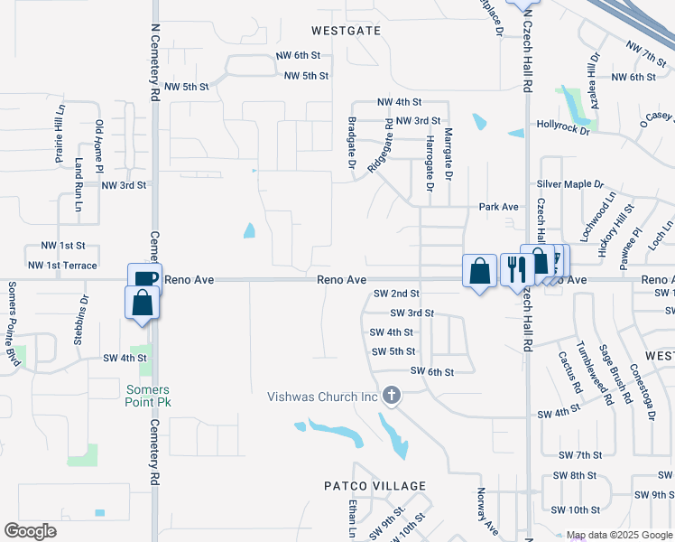 map of restaurants, bars, coffee shops, grocery stores, and more near 12608 Northwest 1st Court in Yukon